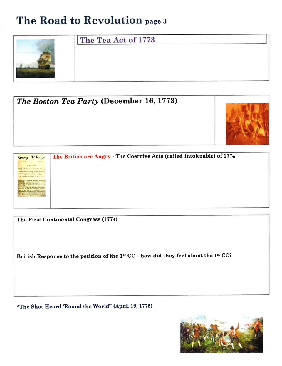 Third Revolution notes sheet covers the Tea Act, Boston Tea Party, Coercive Acts, and First Continental Congress