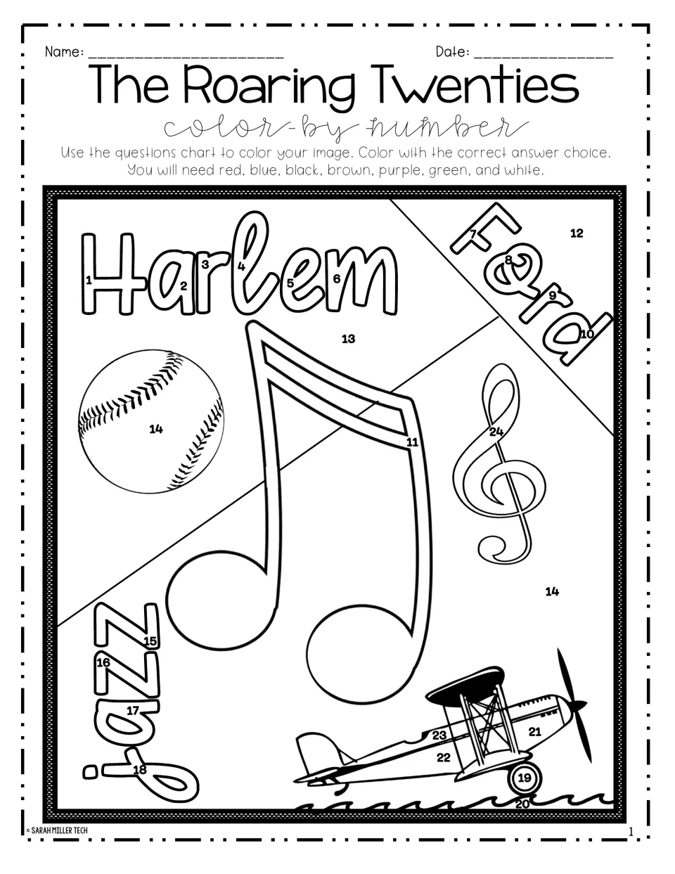 1920s color-by-number picture: students color numbered spaces in Harlem, Ford, jazz, a baseball, music notes and a biplane