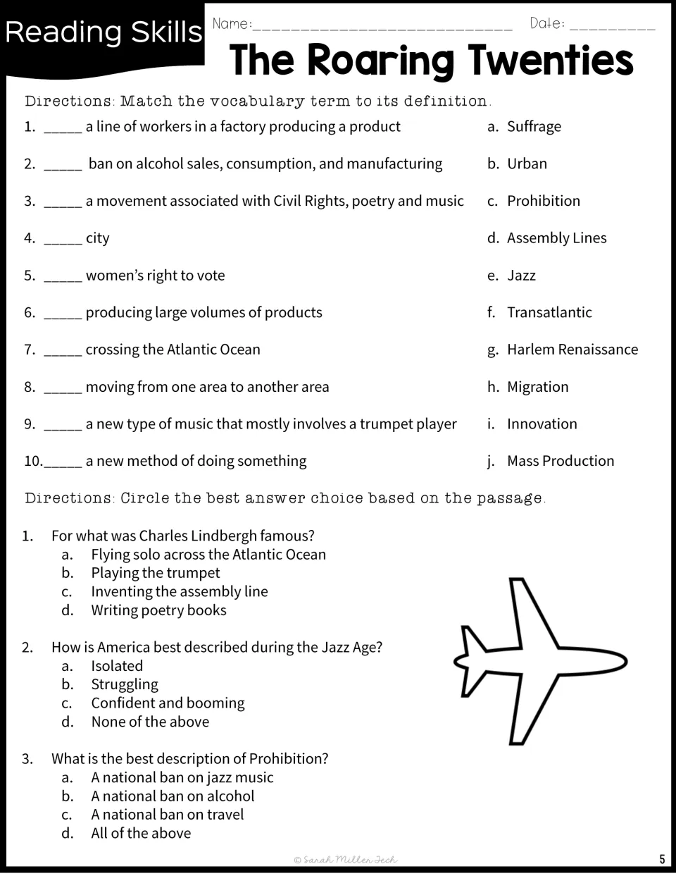 Jazz Age vocabulary and comprehension: students match 10 terms like Suffrage and Prohibition, then answer 3 passage questions