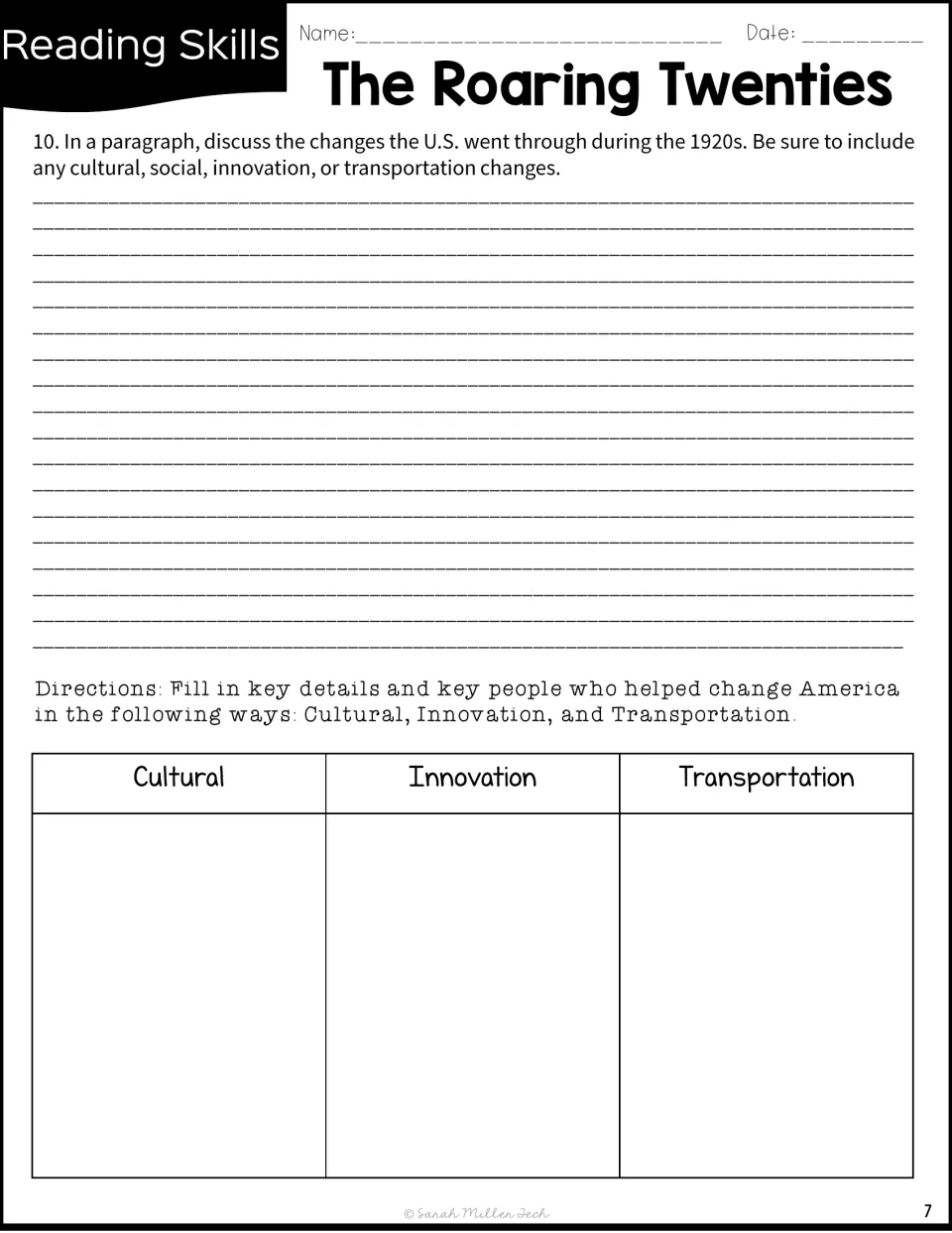 1920s changes: students write a paragraph on cultural, social and transport change, then list key people in three categories