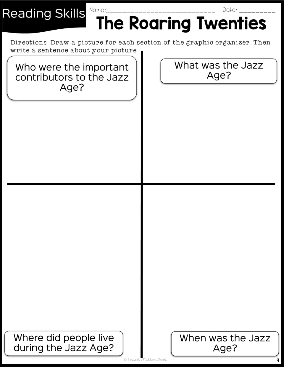 Jazz Age four-square: students draw and write a sentence on who contributed, what it was, where people lived and when it was