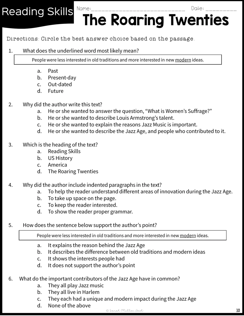 Reading skills quiz: six multiple-choice questions on word meaning, author's purpose, text heading and the Jazz Age