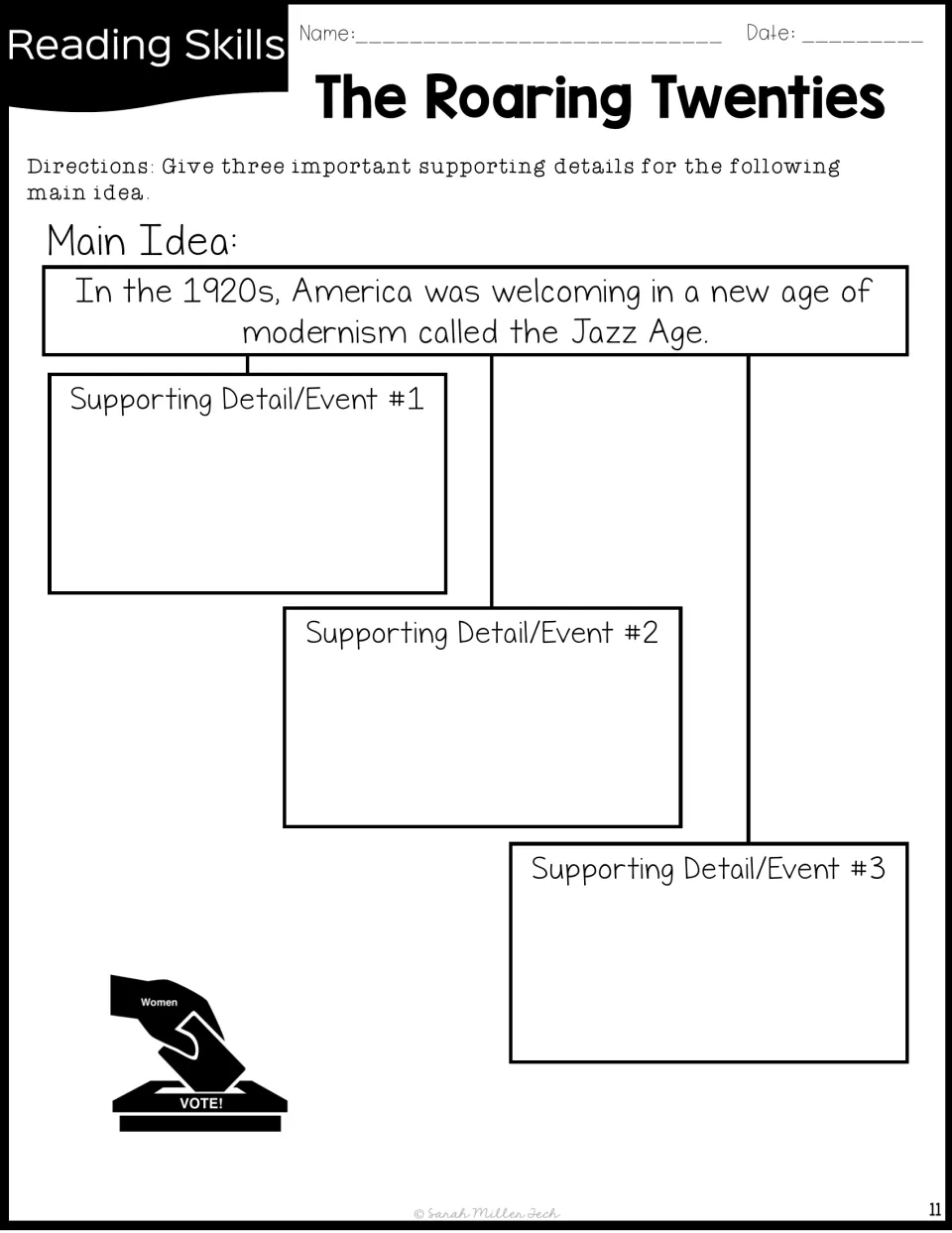 Main idea and details: students give three supporting events for the idea that 1920s America welcomed a Jazz Age of modernism