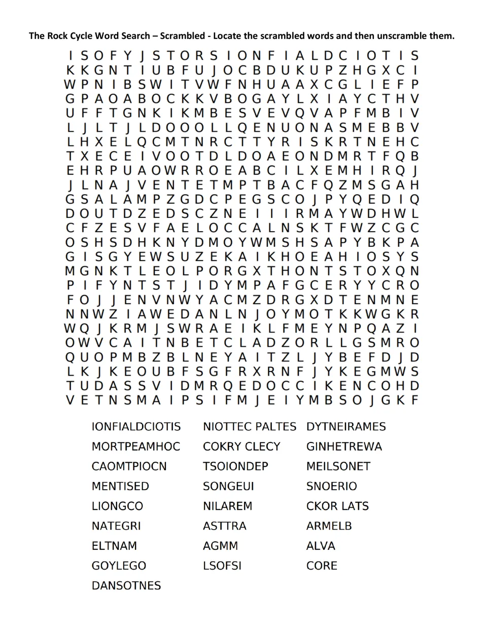 Scrambled rock cycle word search: students find jumbled terms like SONGEUI and AGMM, then unscramble each to name the term