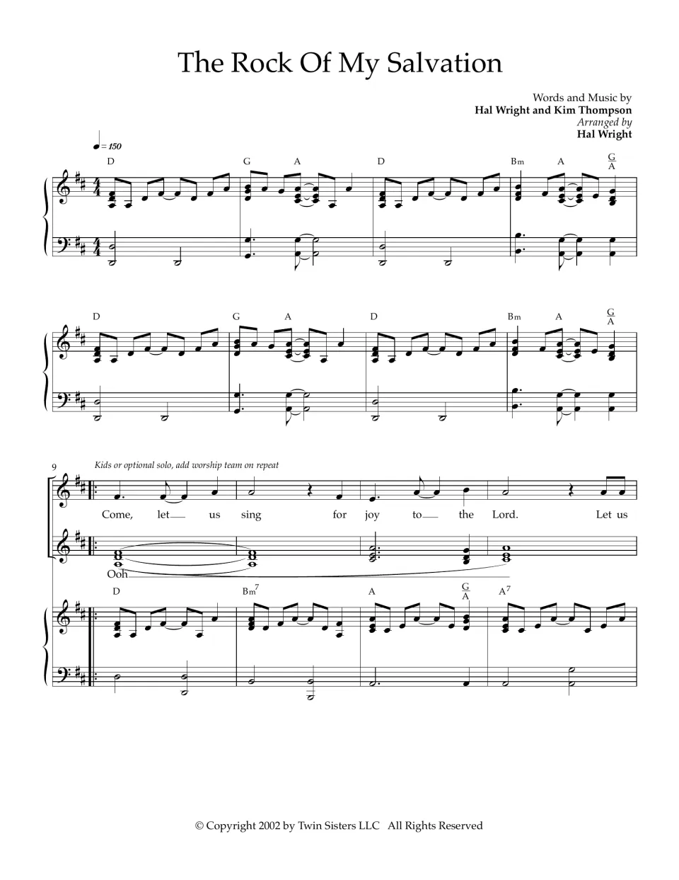 Worship song in D major, bars 1-12: piano intro with chord symbols, then voices sing "Come, let us sing for joy" and Ooh