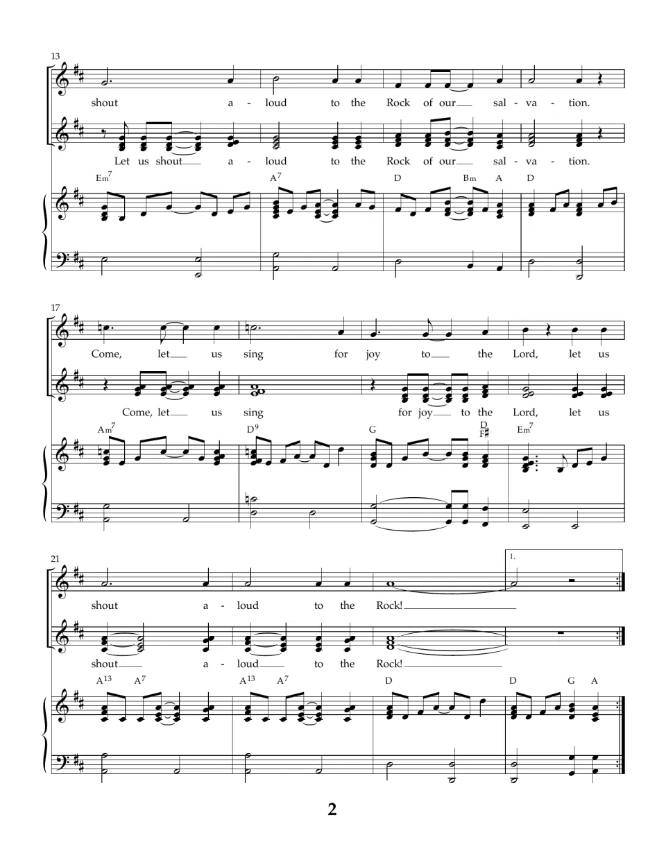 Song score bars 13-24: melody and harmony parts sing "Let us shout aloud to the Rock of our salvation" over piano chords