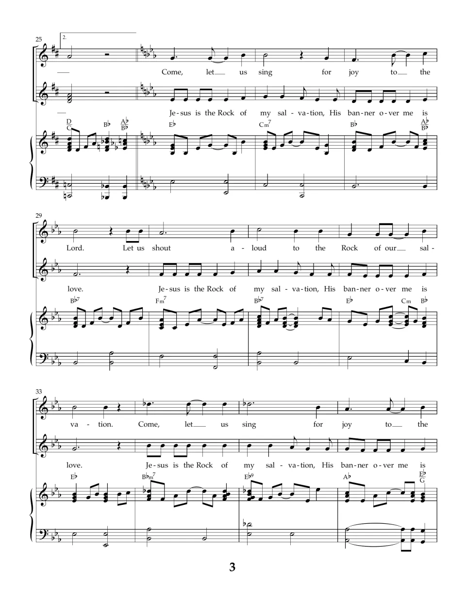Song score bars 25-36: key change to E-flat as a second part sings "Jesus is the Rock of my salvation" against the melody