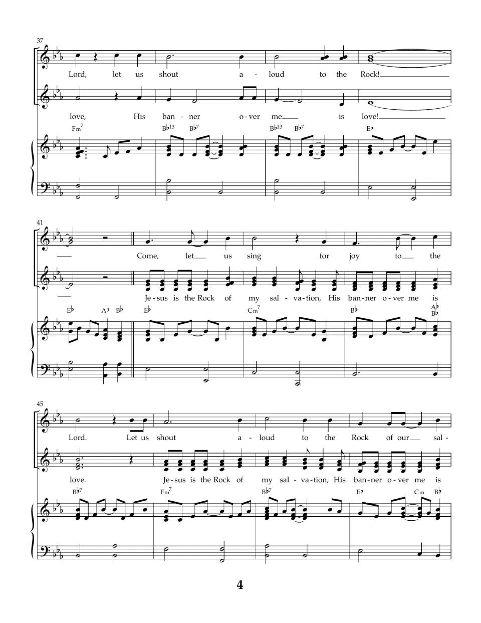 Song score bars 37-48 in E-flat: melody and "His banner over me is love" part sung together, then the verse begins again