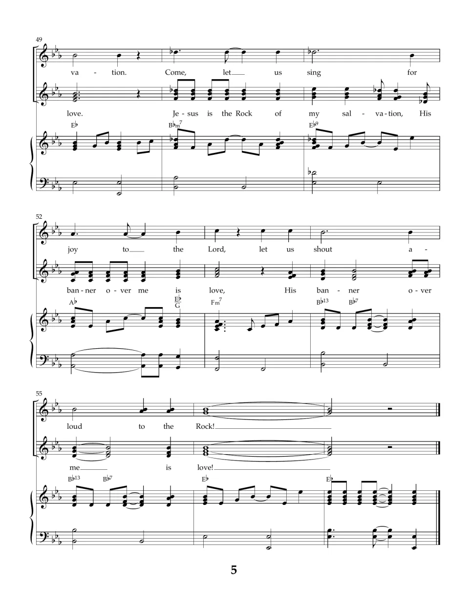 Song score bars 49-57: final "Come, let us sing for joy" verse with both vocal lines, ending on "Rock!" and "love!"