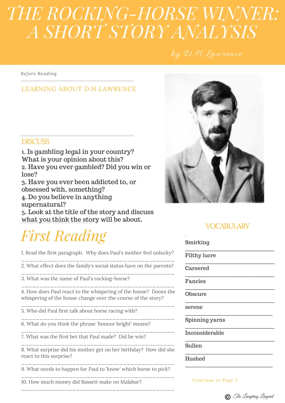 Story analysis part 1: author research, 5 discussion prompts, 10 First Reading questions and 10 vocabulary words