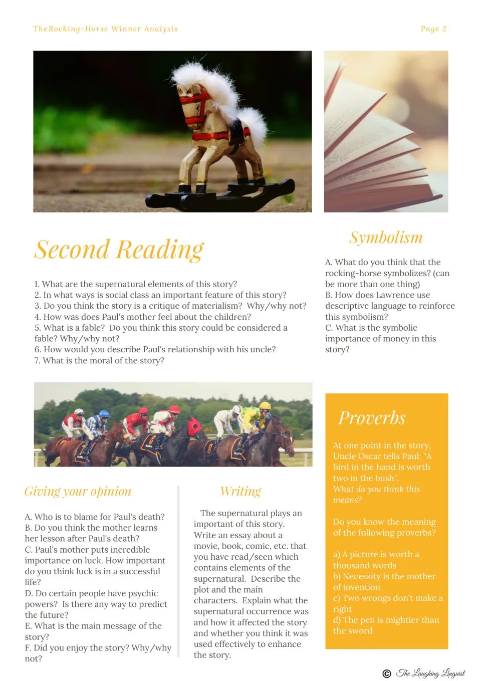 Analysis part 2: Second Reading questions on class and materialism, symbolism, proverbs, opinion prompts and a writing task