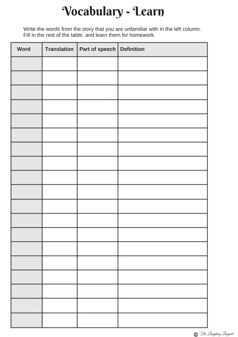 Vocabulary - Learn: students list unfamiliar words from the story and add a translation, part of speech and definition