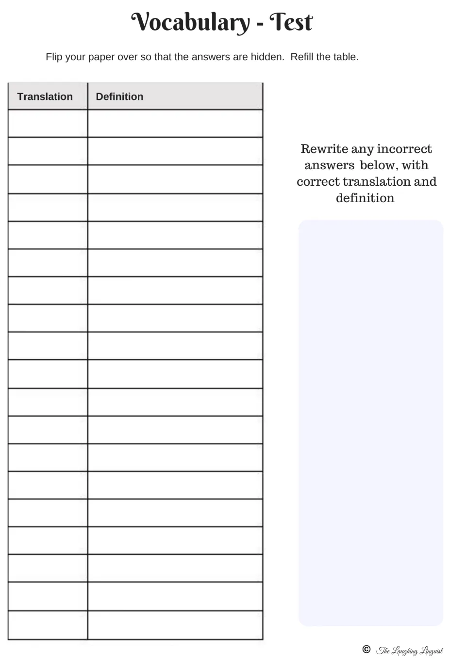 Vocabulary - Test: with answers hidden, students refill translations and definitions, then rewrite any incorrect answers