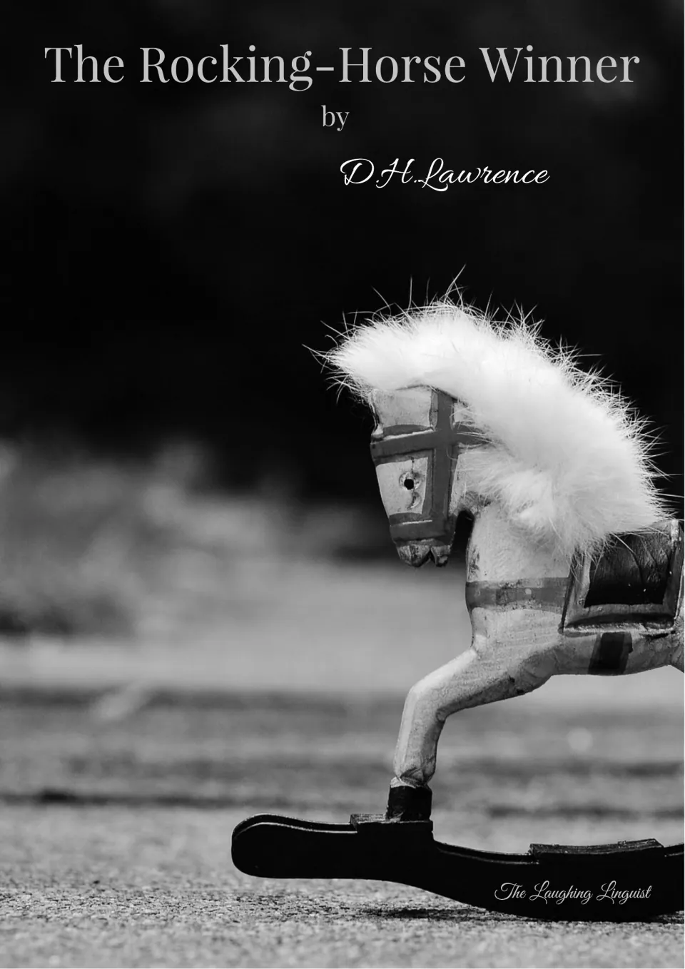 Black-and-white version of the D.H. Lawrence story title page, showing the same toy rocking horse photo in grayscale