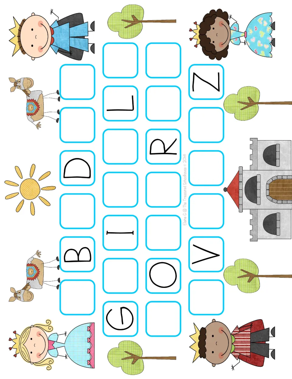 Uppercase alphabet game board to complete with letter tiles; B, D, G, I, L, O, R, V, and Z are already supplied.
