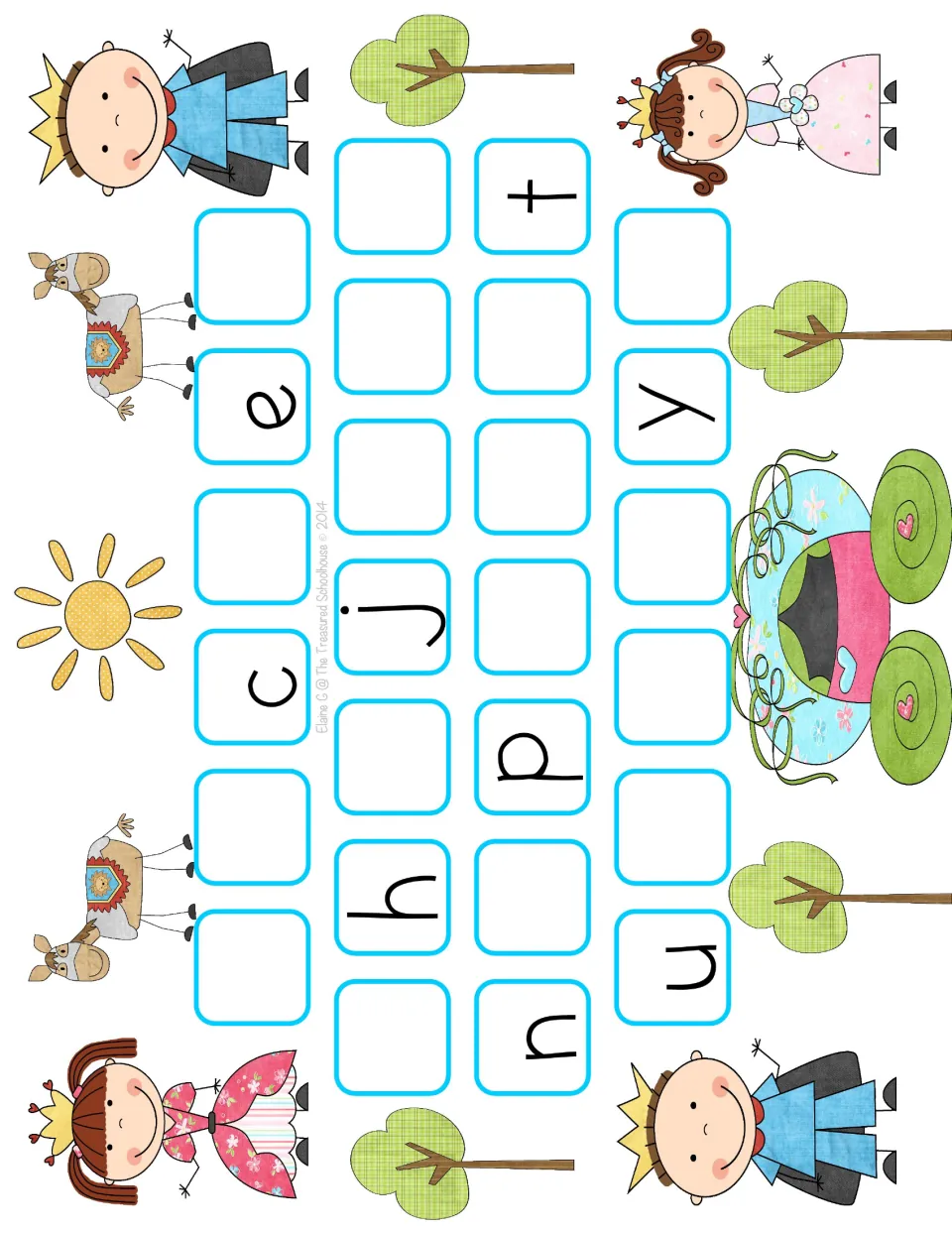 Lowercase alphabet game board to complete with letter tiles; c, e, h, j, n, p, t, u, and y are already supplied.