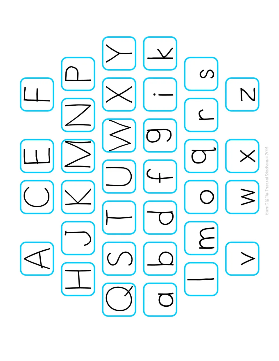 Alphabet game tile sheet containing 17 uppercase and 17 lowercase letters to fill the two game boards.