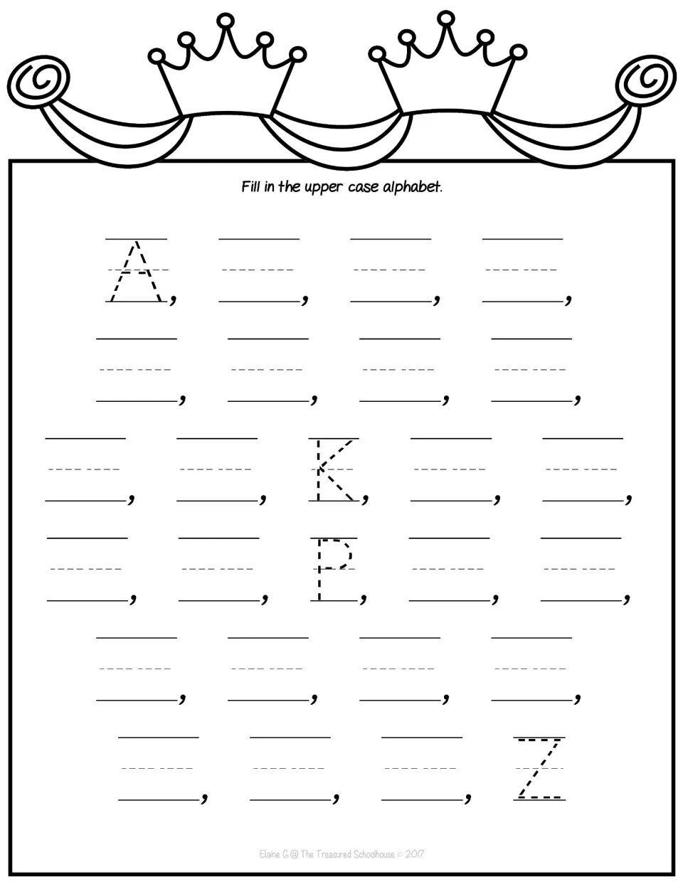 Uppercase alphabet completion worksheet with A, K, P, and Z provided as tracing letters among the missing letters.