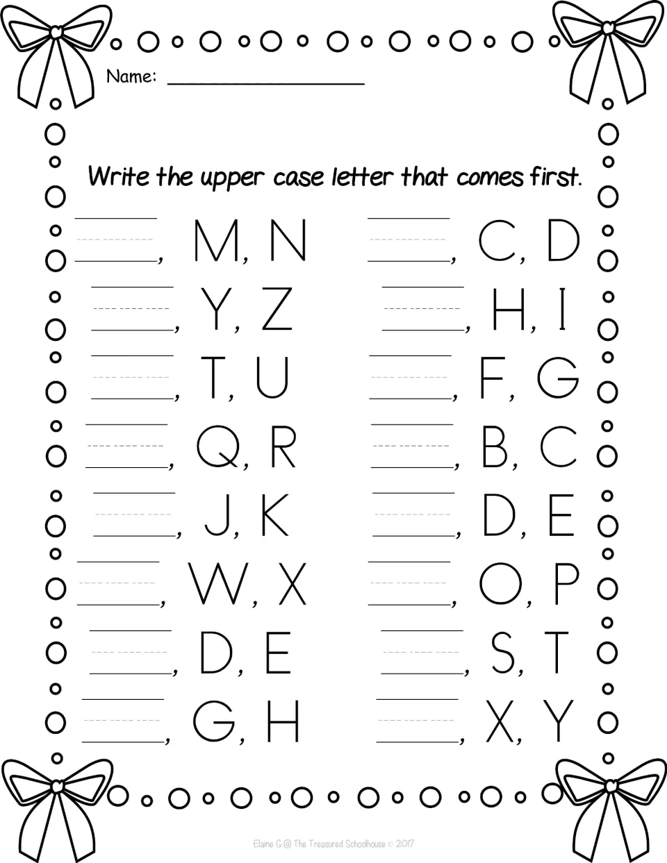 Uppercase sequence worksheet asking for the first letter in 16 groups, including blank–M–N and blank–C–D.