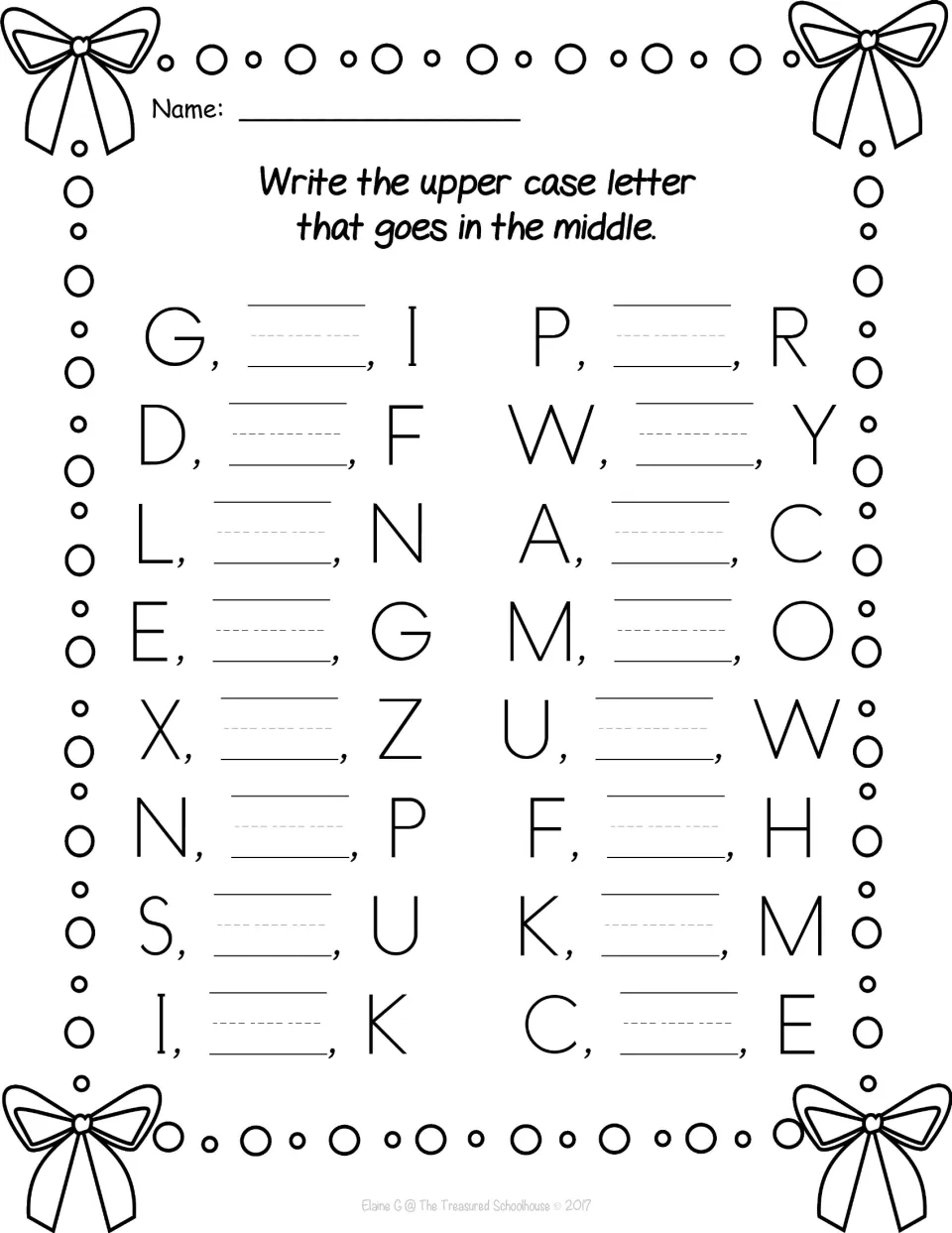 Uppercase sequence worksheet asking for the middle letter in 16 groups, including G–blank–I and P–blank–R.