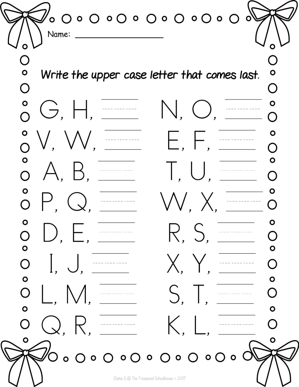 Uppercase sequence worksheet asking for the last letter in 16 groups, including G–H–blank and N–O–blank.