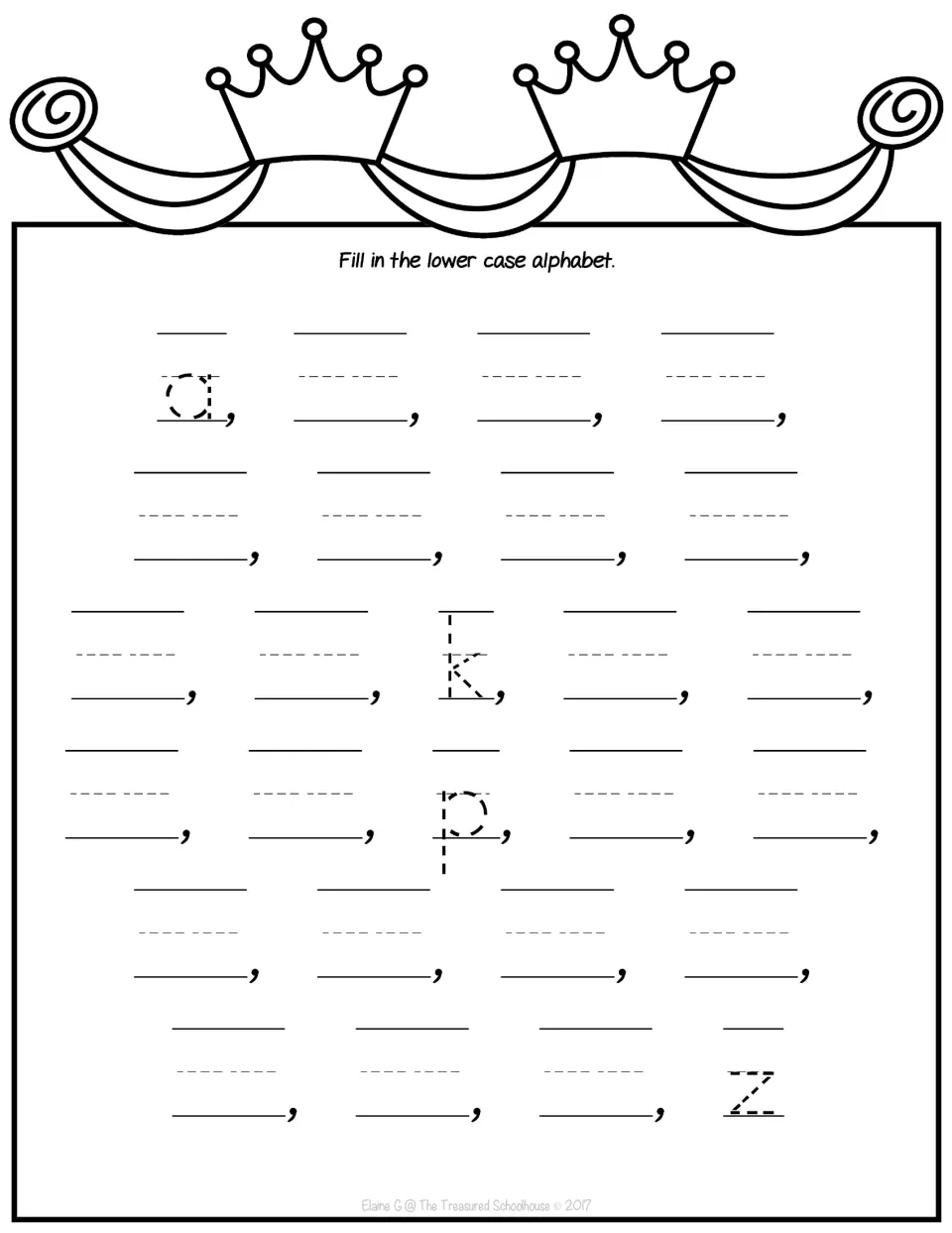 Lowercase alphabet completion worksheet with a, k, p, and z provided as tracing letters among the missing letters.