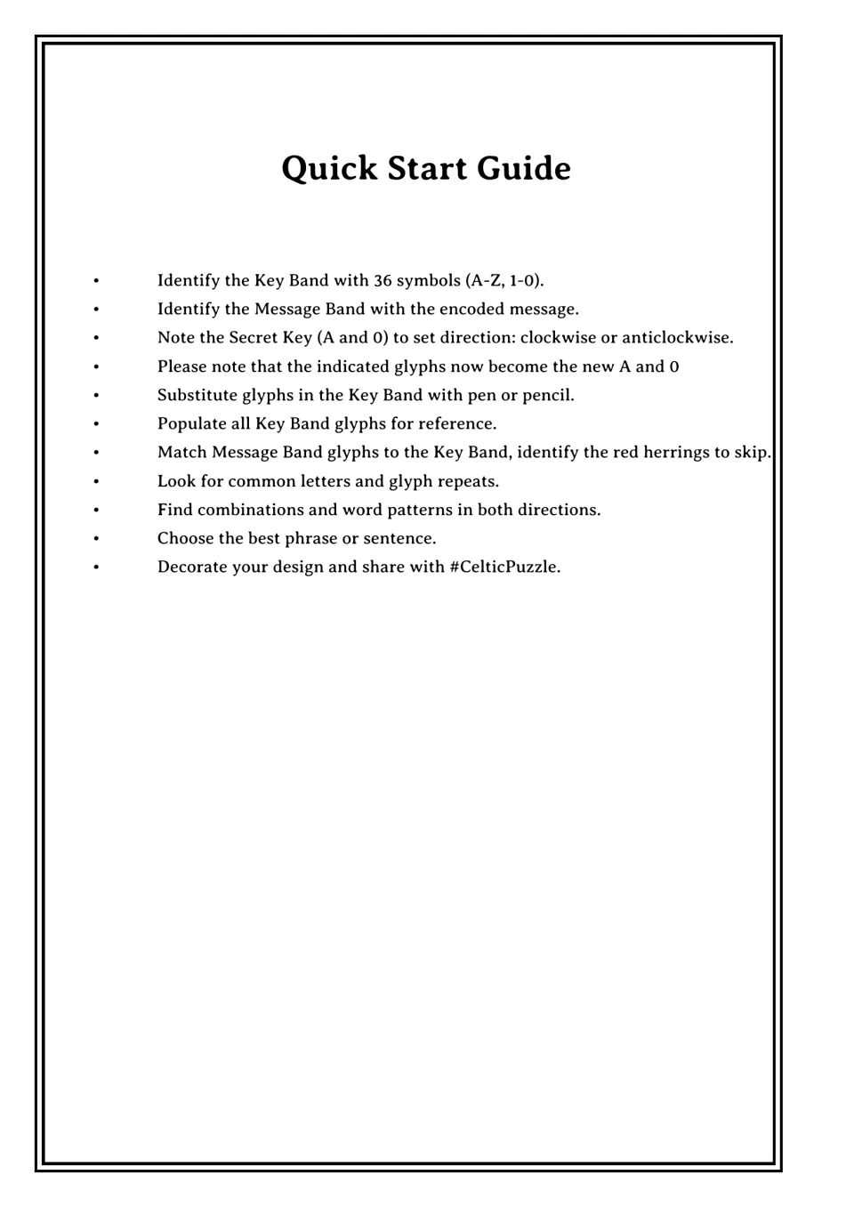 Quick Start Guide steps: find the Key Band, read the Message Band, match glyphs and skip the red herrings