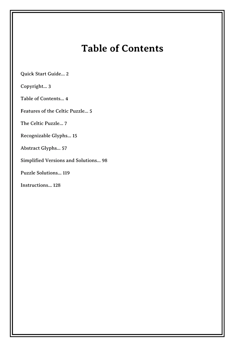 Table of contents listing puzzle, glyph, solutions and instructions sections with page numbers