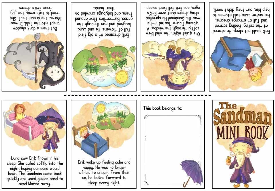 Color mini-book sheet tells how Erik dreams, Morva threatens his joy, and the Sandman restores peaceful sleep