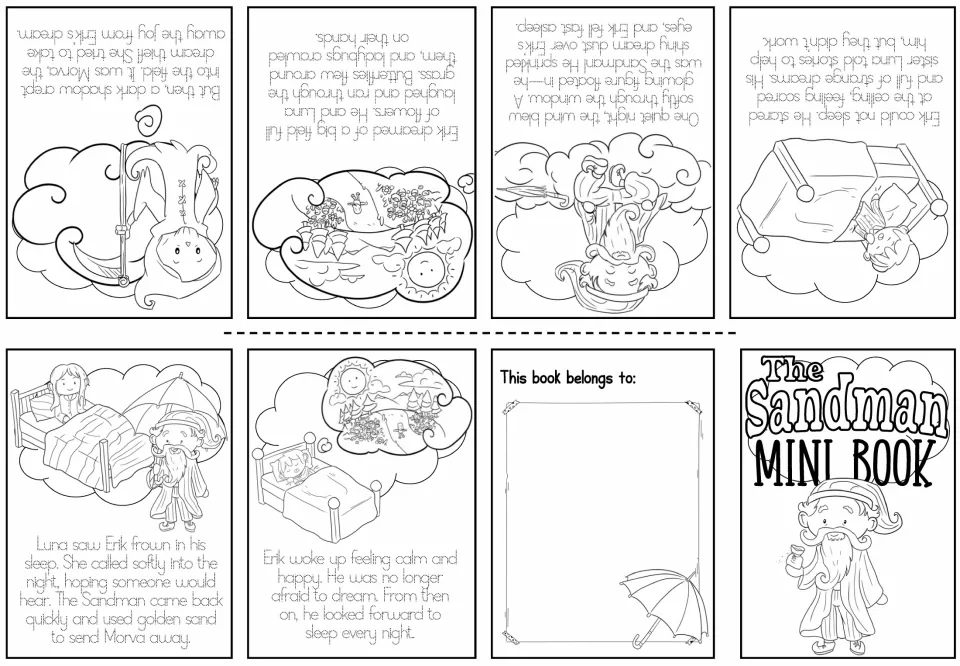 Black-and-white mini-book sheet pairs traceable story text with pictures of Erik, Luna, Morva, and the Sandman