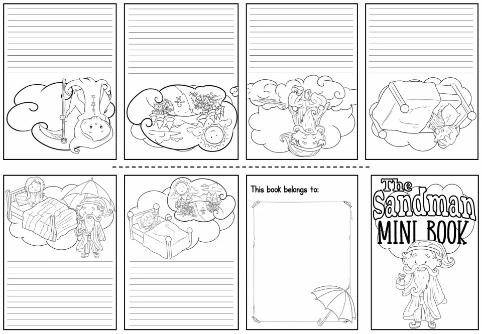 Story-retelling mini-book sheet provides six black-and-white story illustrations and space to write each event