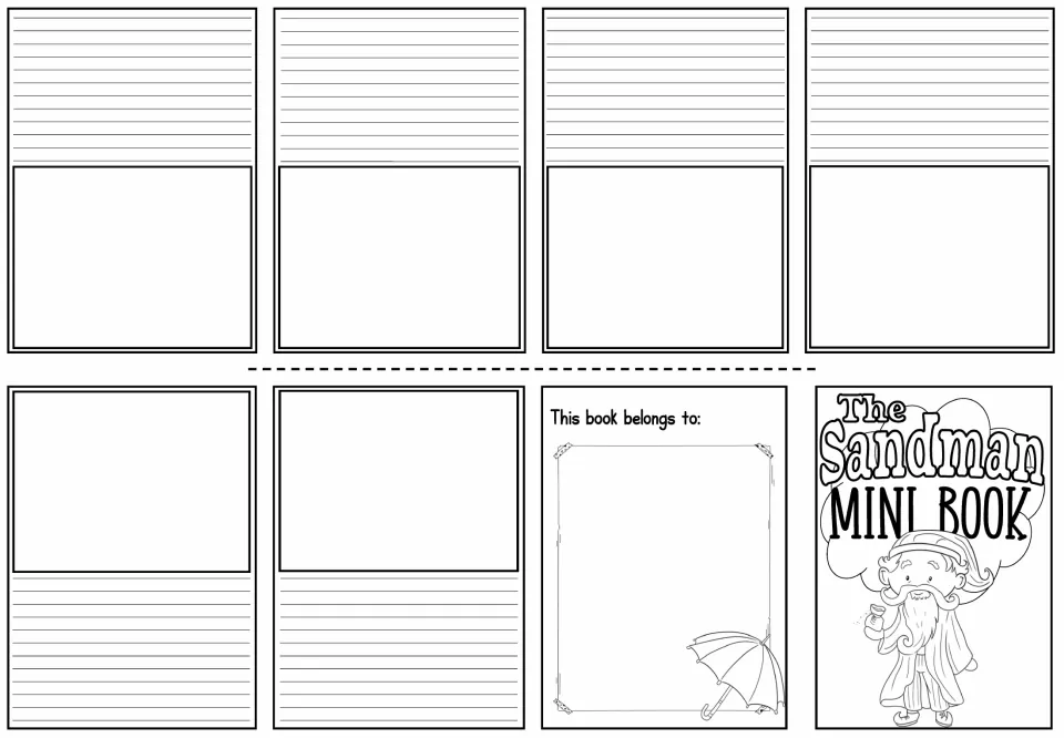 Blank mini-book sheet provides six pages for writing and drawing the story, plus a cover and ownership page