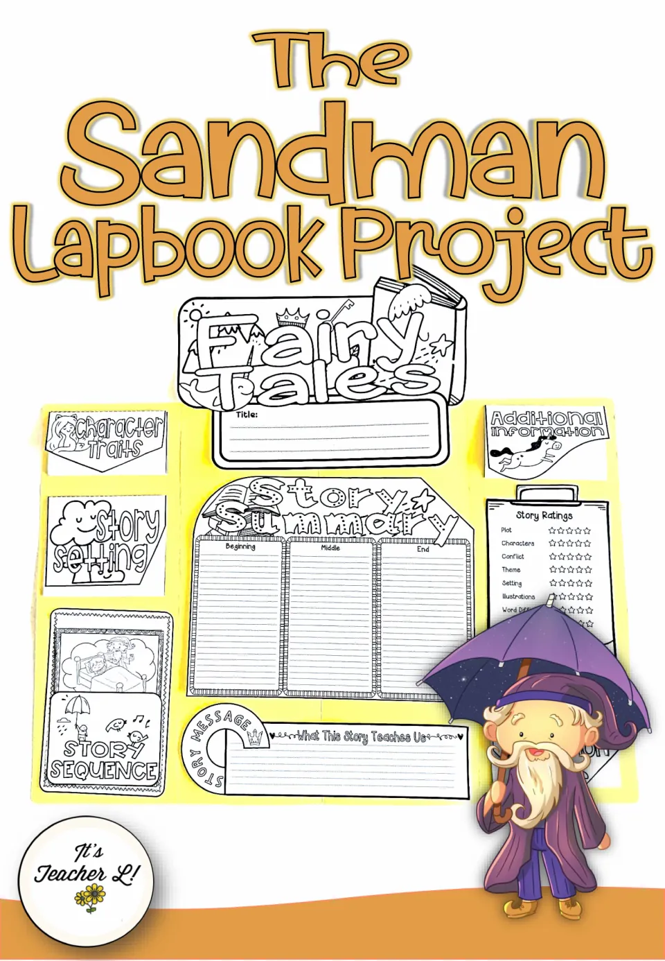 Lapbook project cover showing a completed sample with story summary, character traits, and sequencing