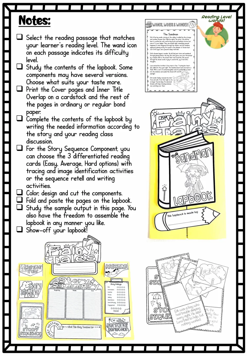 Lapbook instructions explain choosing reading levels, printing, writing, coloring, cutting, and assembly