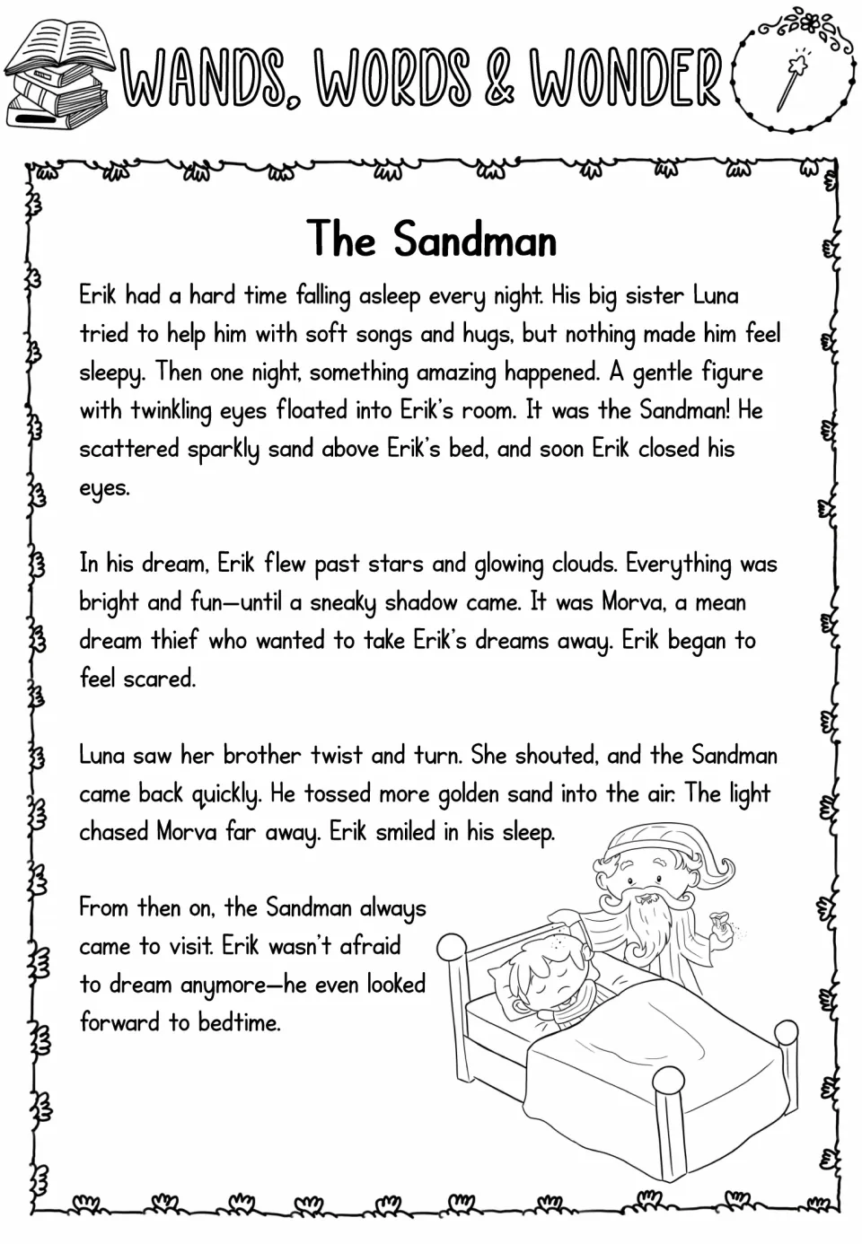 Easy reading passage: Erik struggles to sleep, meets the Sandman, and faces Morva, who threatens his dreams