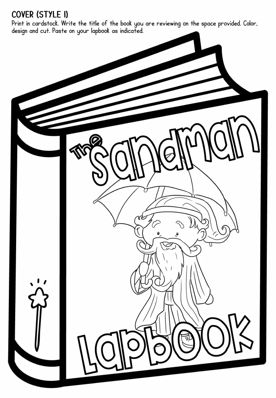 Lapbook cover style 1 for coloring and cutting, featuring the Sandman standing beneath an open umbrella