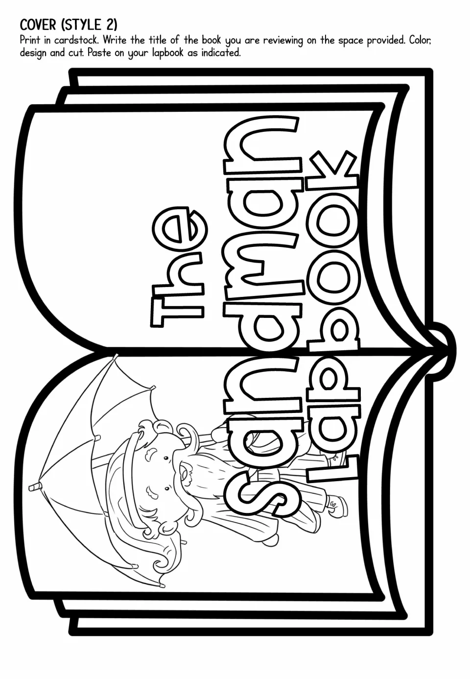 Lapbook cover style 2 for coloring and cutting, showing an open book and the Sandman holding an umbrella