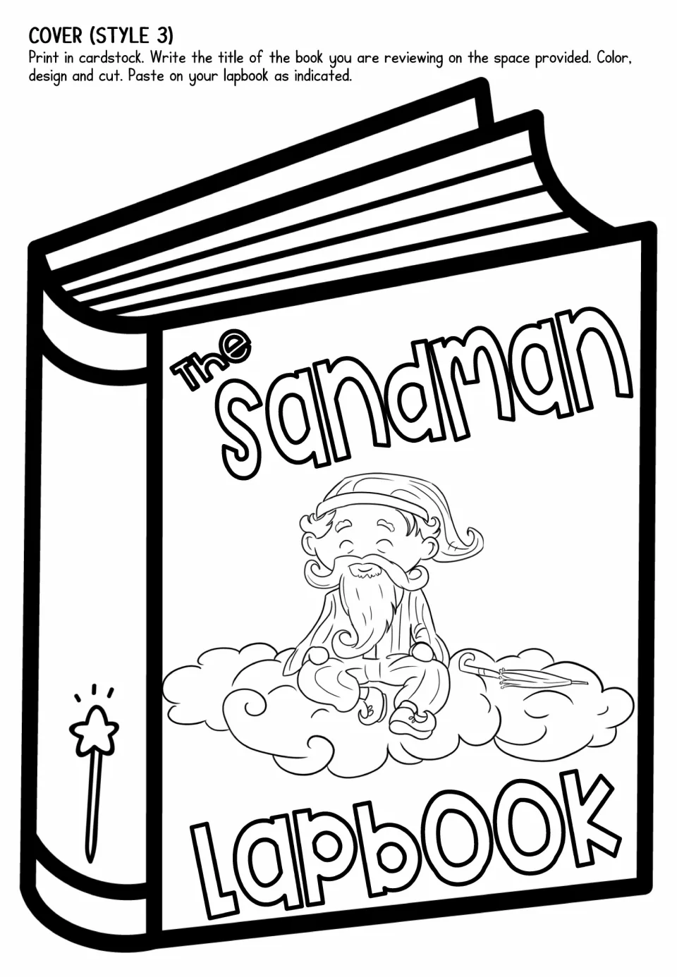 Lapbook cover style 3 for coloring and cutting, featuring the Sandman sitting on clouds beside an umbrella