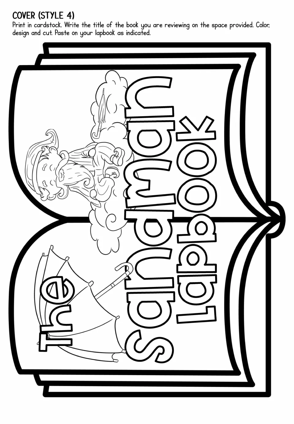 Lapbook cover style 4 for coloring and cutting, showing an open book, an umbrella, and the Sandman on clouds