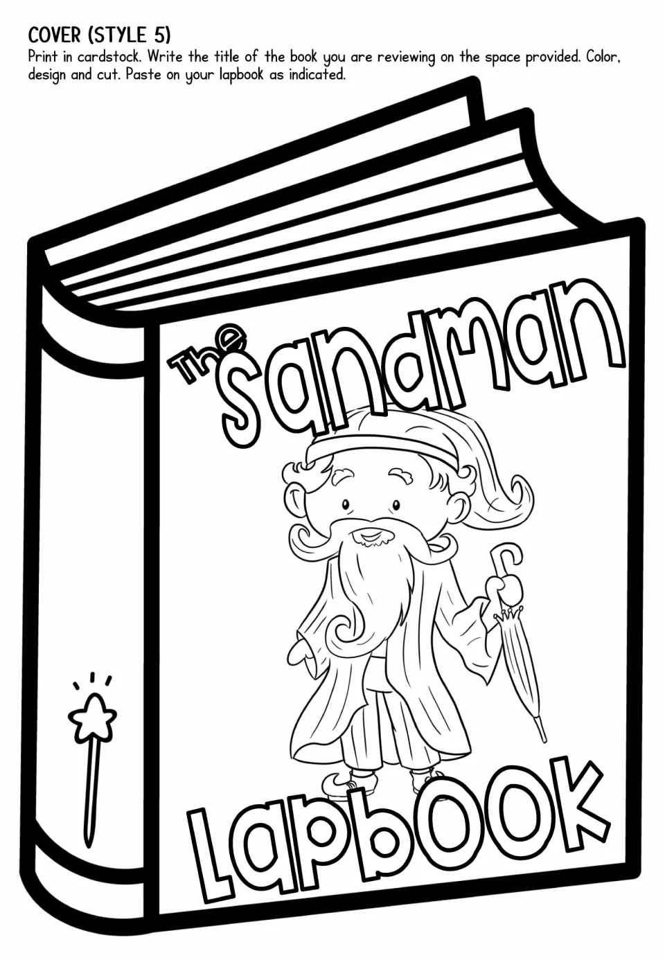 Lapbook cover style 5 for coloring and cutting, featuring the Sandman standing and holding a closed umbrella