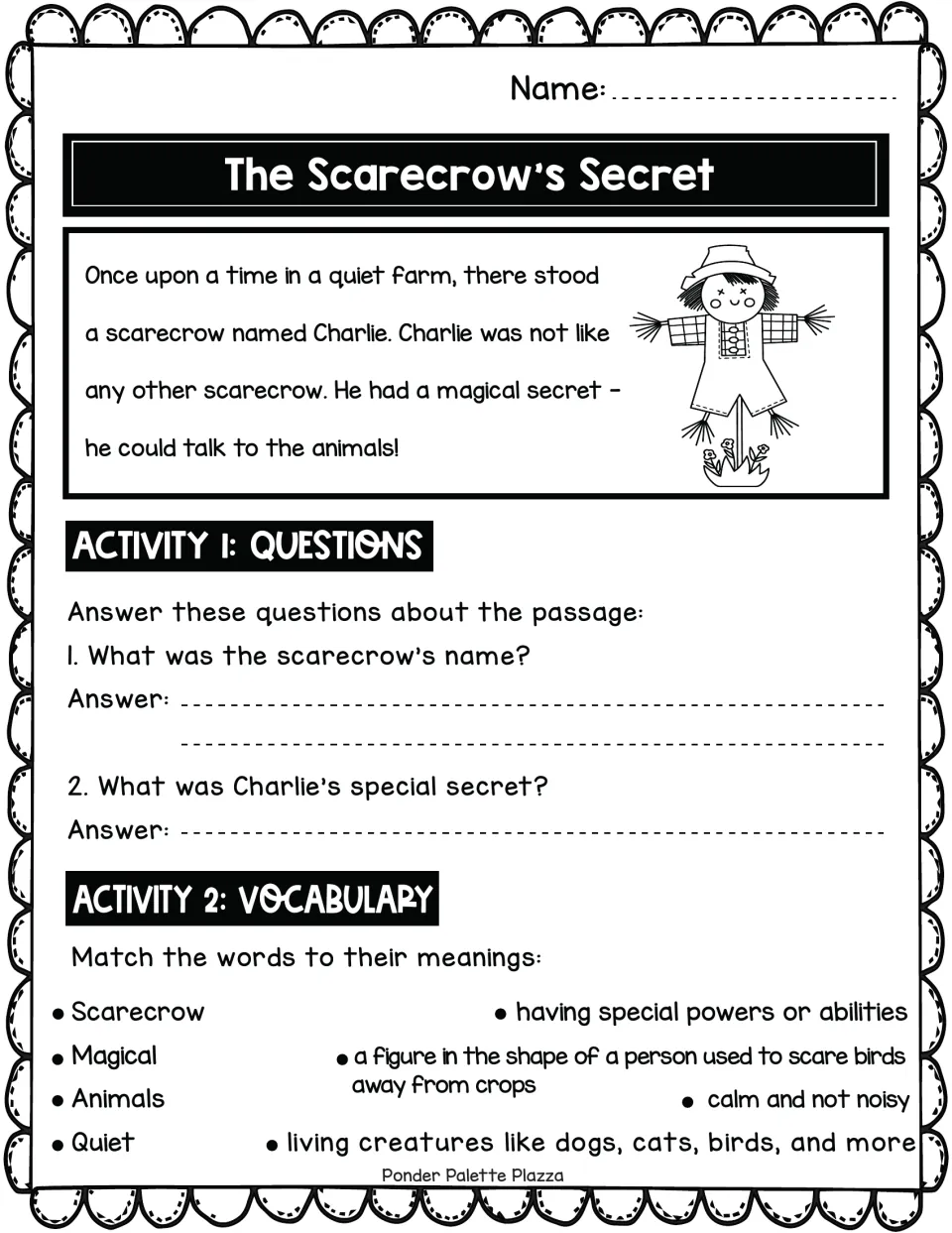 Scarecrow Charlie passage: students read about his secret, answer 2 questions and match 4 vocabulary words to meanings