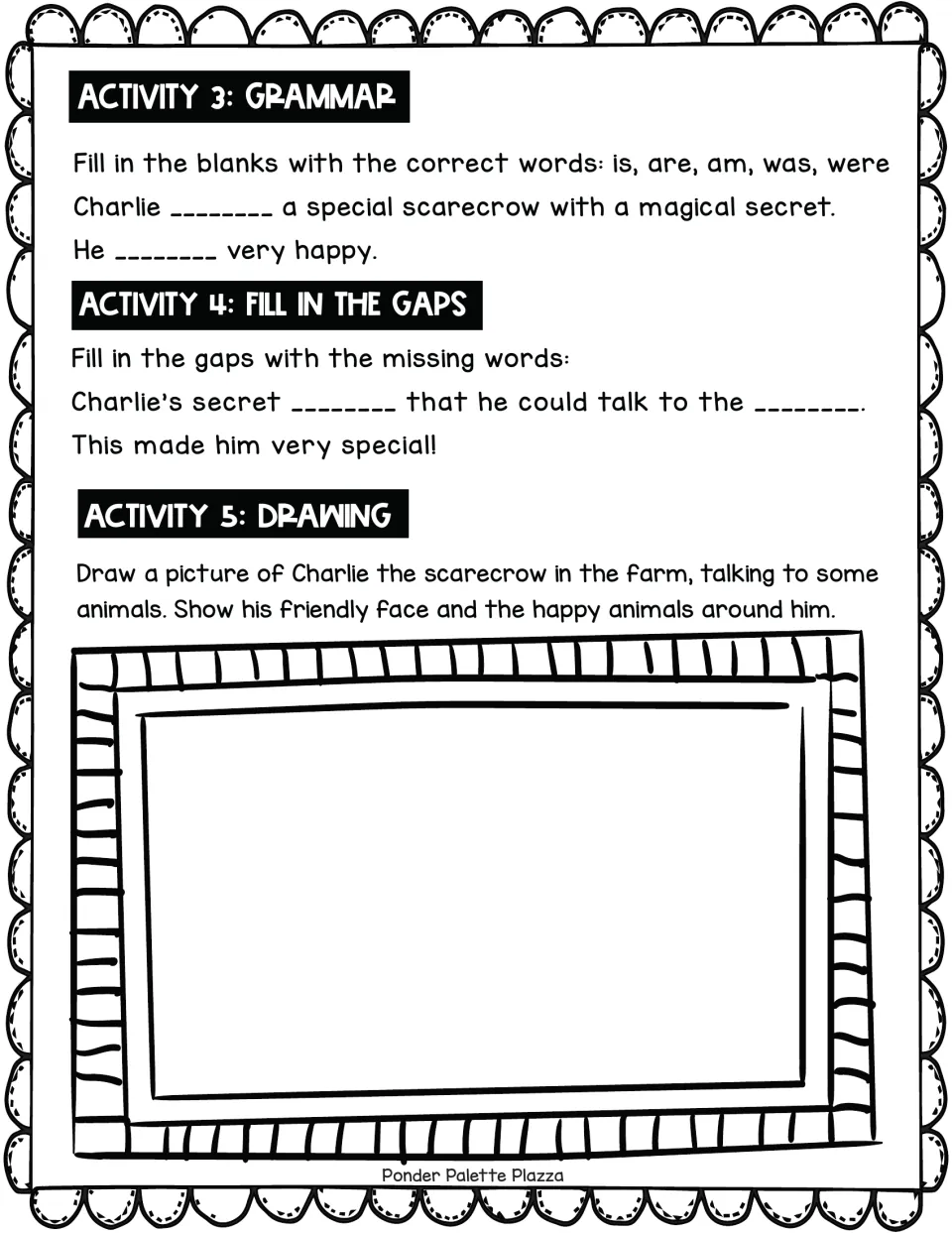 Scarecrow story follow-up: students choose is, are, am, was or were, fill story gaps and draw Charlie with the animals