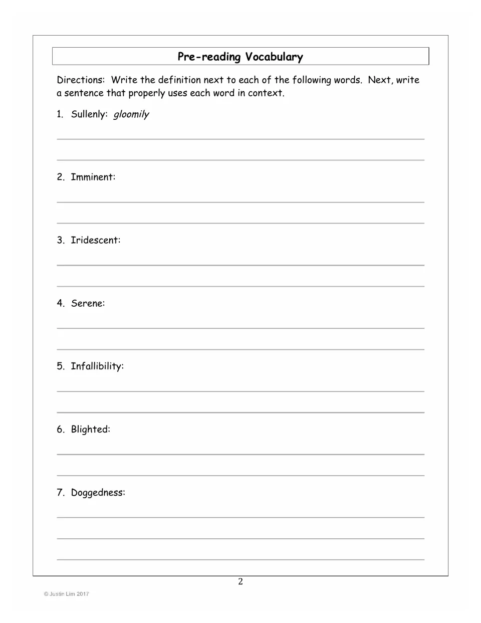 Pre-reading vocabulary items 1–7: define sullenly, imminent, iridescent, and four more, then write sentences