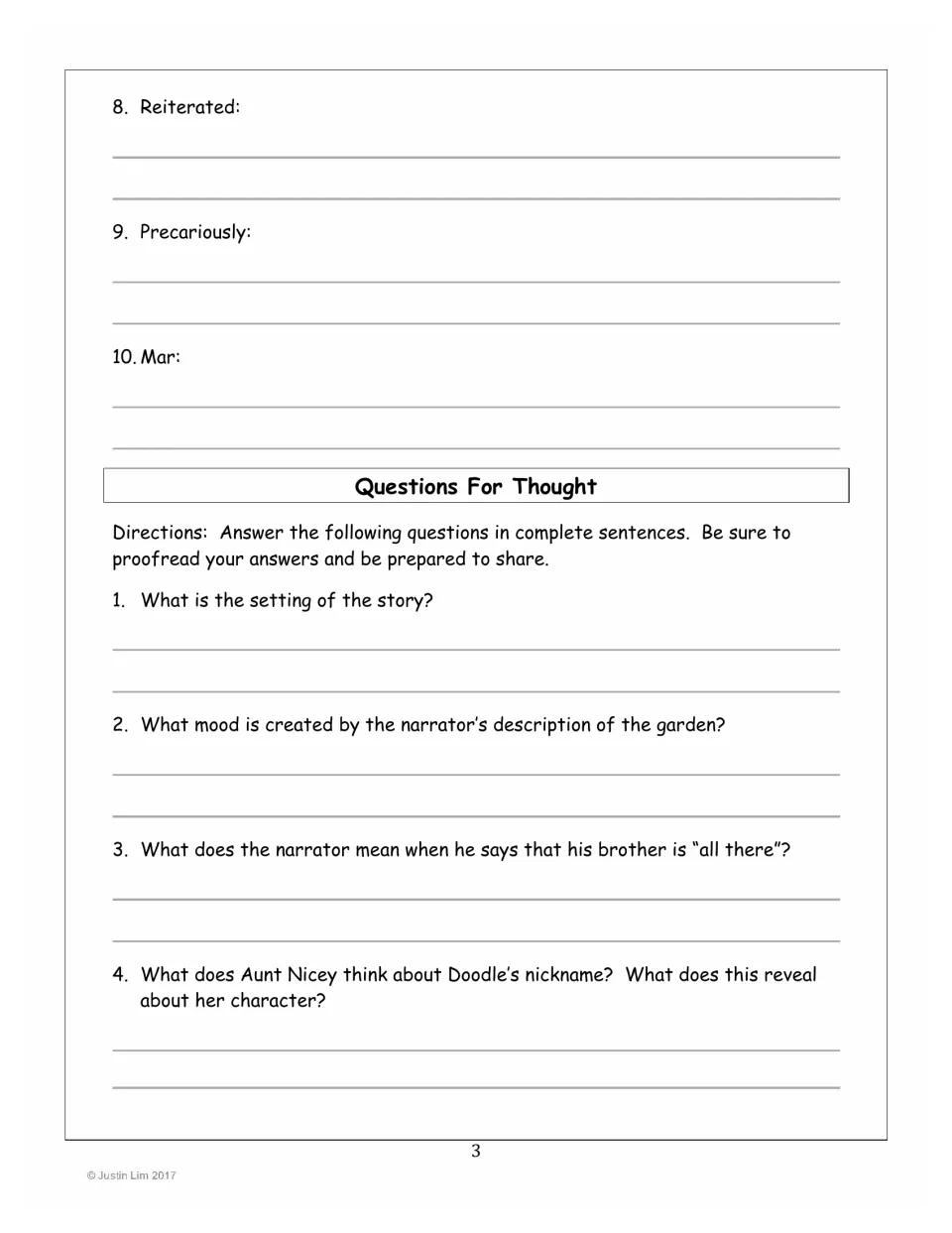 Vocabulary items 8–10 and reading questions 1–4 on setting, mood, the narrator's brother, and Aunt Nicey