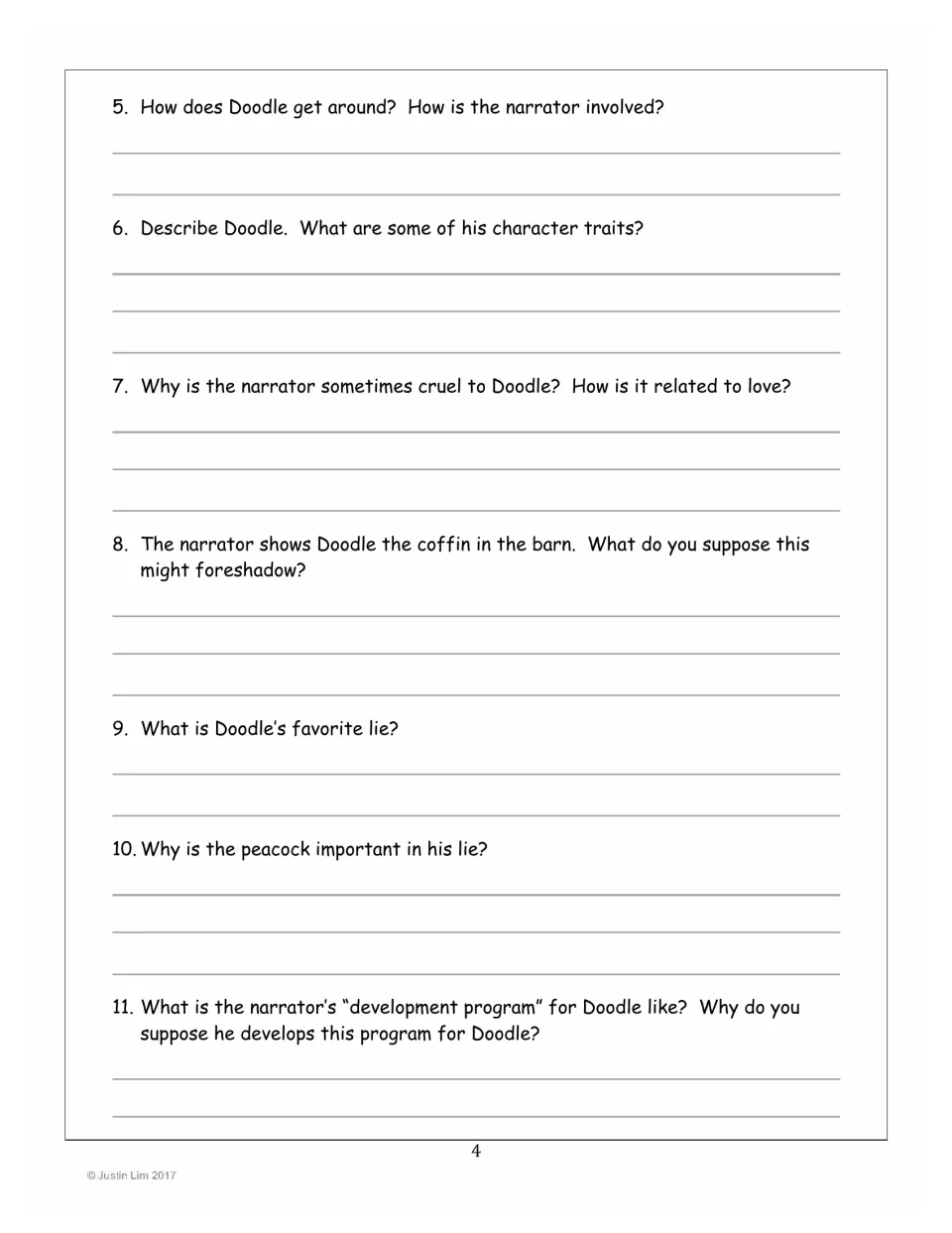 Reading questions 5–11 examine Doodle's traits, his brother's cruelty, the coffin, and the development program
