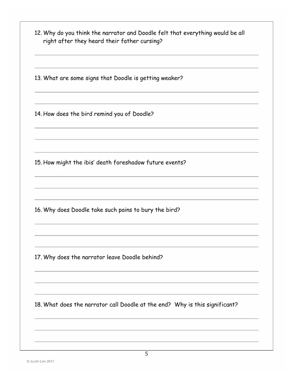Reading questions 12–18 examine Doodle's weakness, the ibis's death and burial, and the story's ending