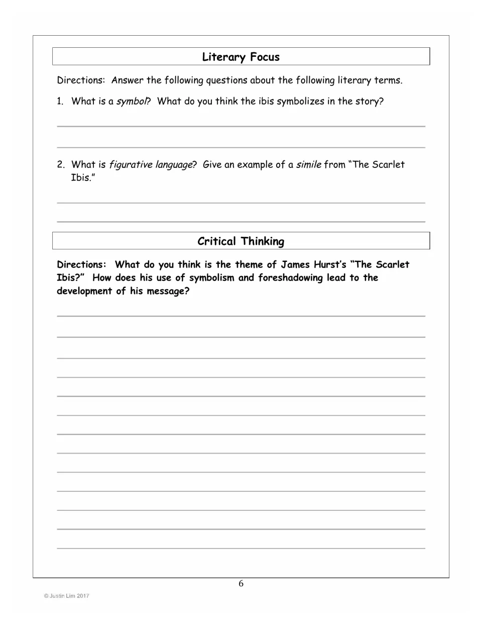 Literary analysis questions on symbols and similes, followed by a theme response on symbolism and foreshadowing