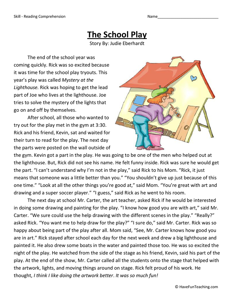 The School Play Reading Comprehension Worksheet teaching resource preview