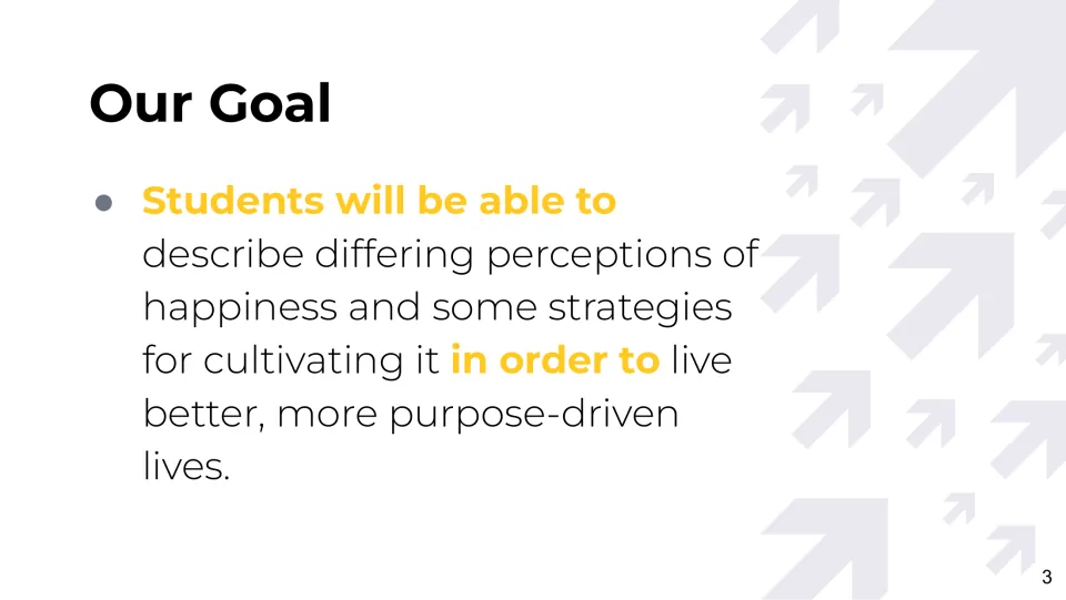 Lesson goal slide: describe differing perceptions of happiness and some strategies for cultivating it