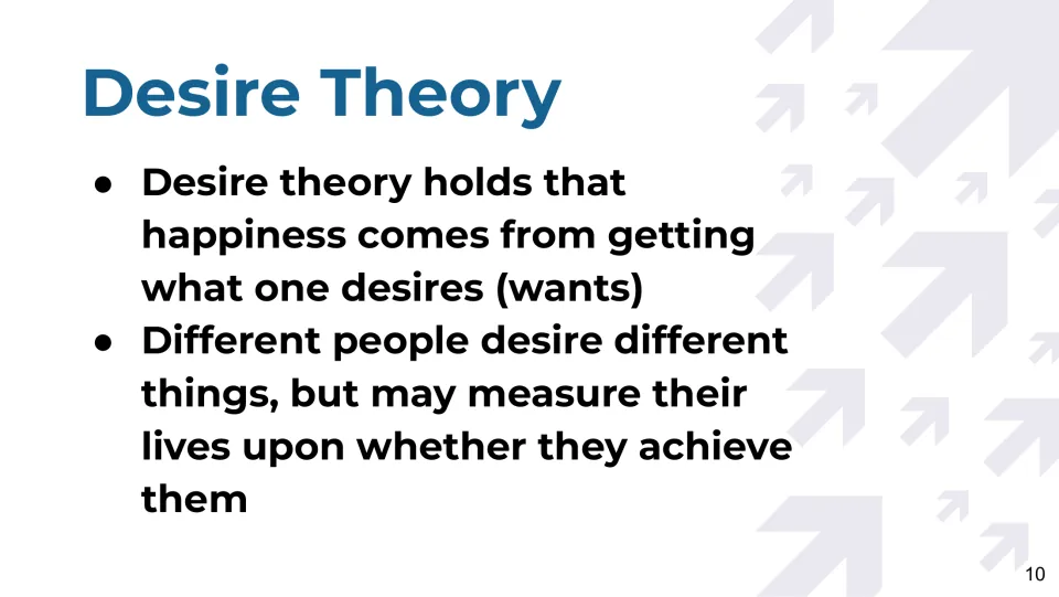 Desire theory slide: fulfillment comes from getting what one wants, and people measure lives by achieving desires